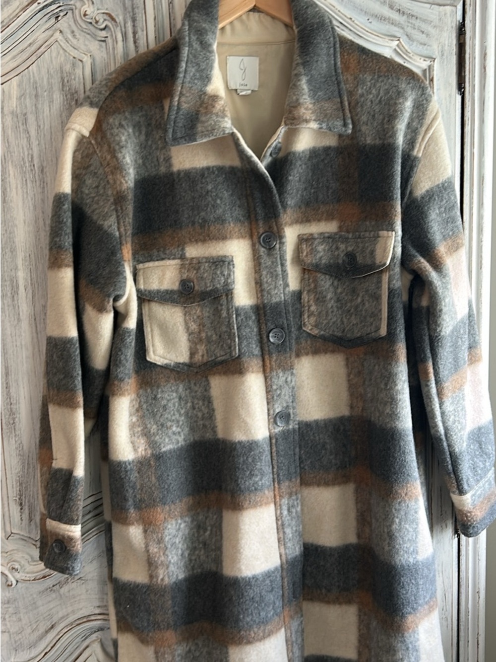 Joie Cream, Gray & Brown Plaid Wool-Blend shacket